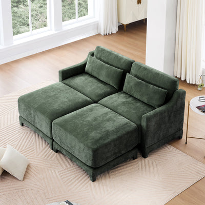 Stylish Two-Seater Sofa with Ottoman and Lumbar Pillows, Green Chenille Fabric, Ergonomic Design