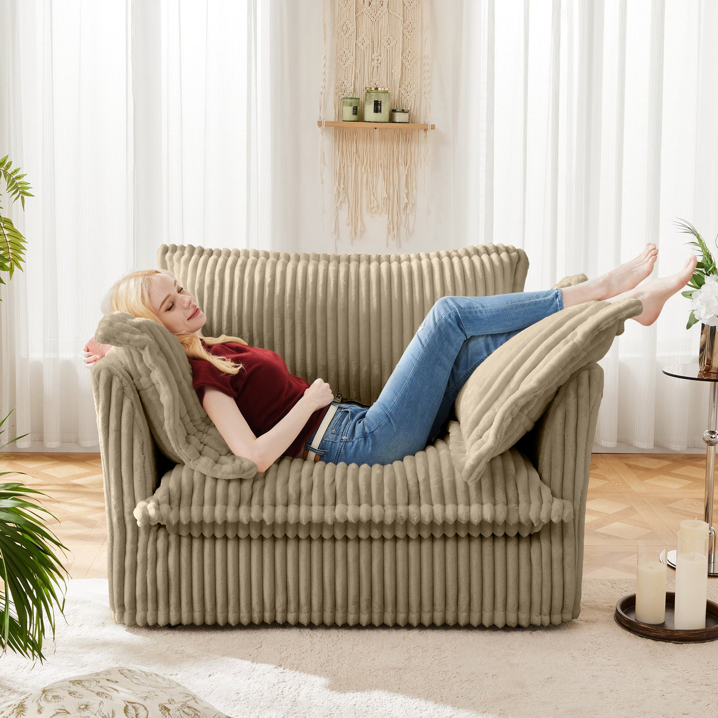 Slip-covered Armchair with 1 Big Back Cushion and 2 Big Toss Pillows, Single Deep Seat Comfy Single Couch Sofa Multiple Large Soft Pillows, Camel Corduroy Fabric