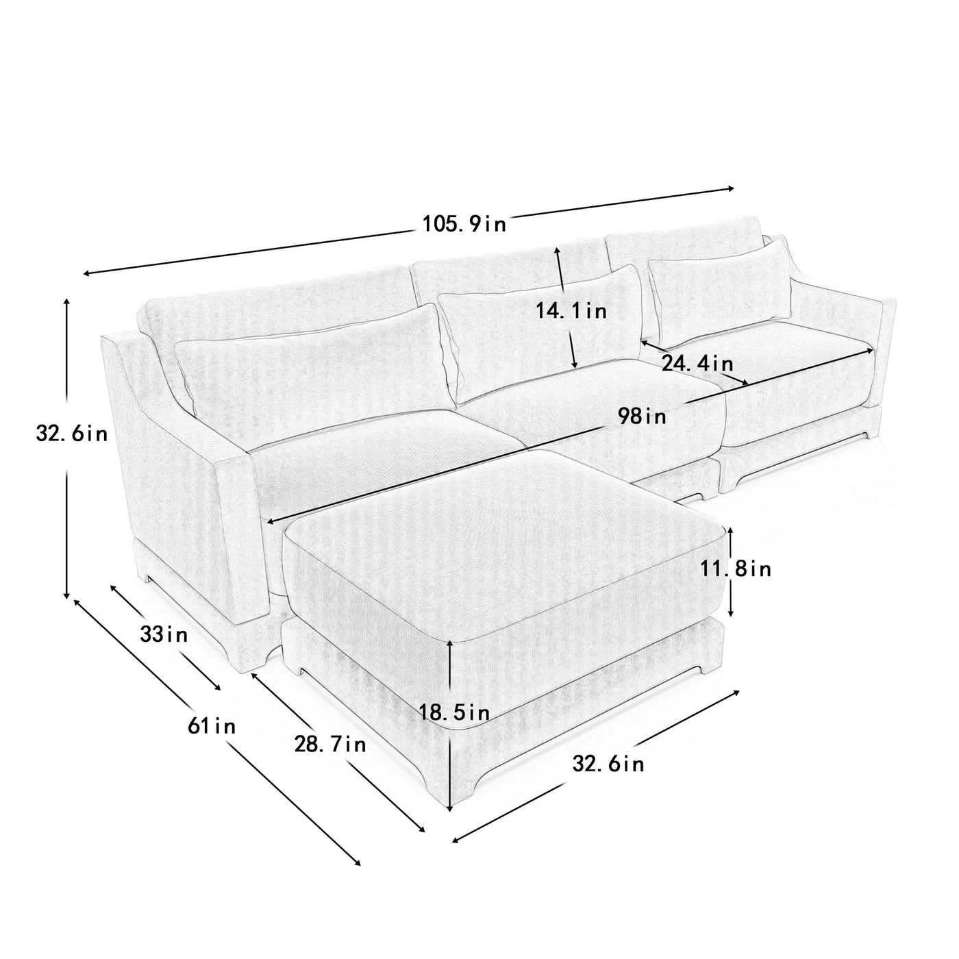 Elegant Chenille Three-Seater Sofa with Movable Ottomans, High-Resilience Sponge, Beige