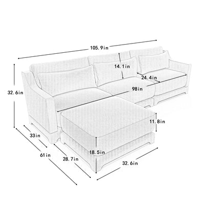 Elegant Chenille Three-Seater Sofa with Movable Ottomans, High-Resilience Sponge, Beige