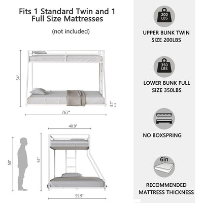 Adam Sturdy Twin Over Full Metal Bunk White for Kids and Adult, Low Profile and Easy Climbing with Stable Ladder