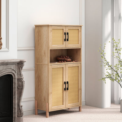 Mid-Century Modern 4-Door Storage Cabinet with Woven Rattan Doors & Adjustable Shelves - Perfect for Living Room & Dining Room