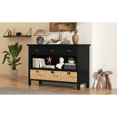 TREXM Retro Console Table with 3 Storage Drawers, Entryway Table with 3 Water Hyacinth Woven Baskets,Wooden Accent Sofa Table Buffet Cabinet for Entryway, Hallway and Living Room (Espresso)