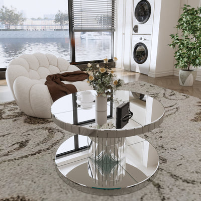 Luxury Double-Tier Round Mirror Coffee & End Table with Fluted Glass - Modern Sofa Side Table, Silver, MDF+Glass, 31.5' Diameter