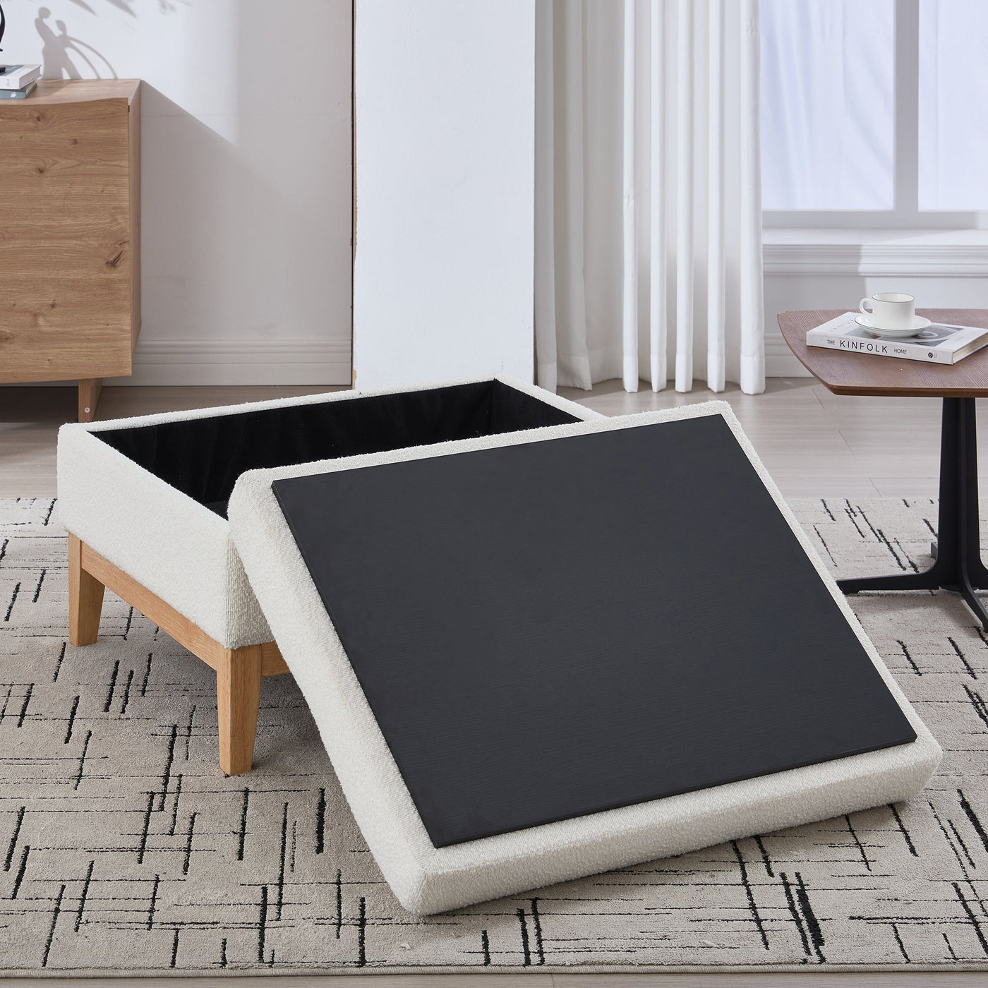 33.86'W Upholstered Wood Base Storage Ottoman with Reversible Lid Coffee Table, Foot Stool Square Footrest with Rubberwood Legs for Living Room Bedroom Entryway and Office, Ivory Boucle.