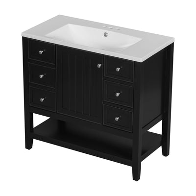 36' Bathroom Vanity with Sink Combo, One Cabinet and Three Drawers, Solid Wood and MDF Board, Black (Old Sku:SY999505AAB)