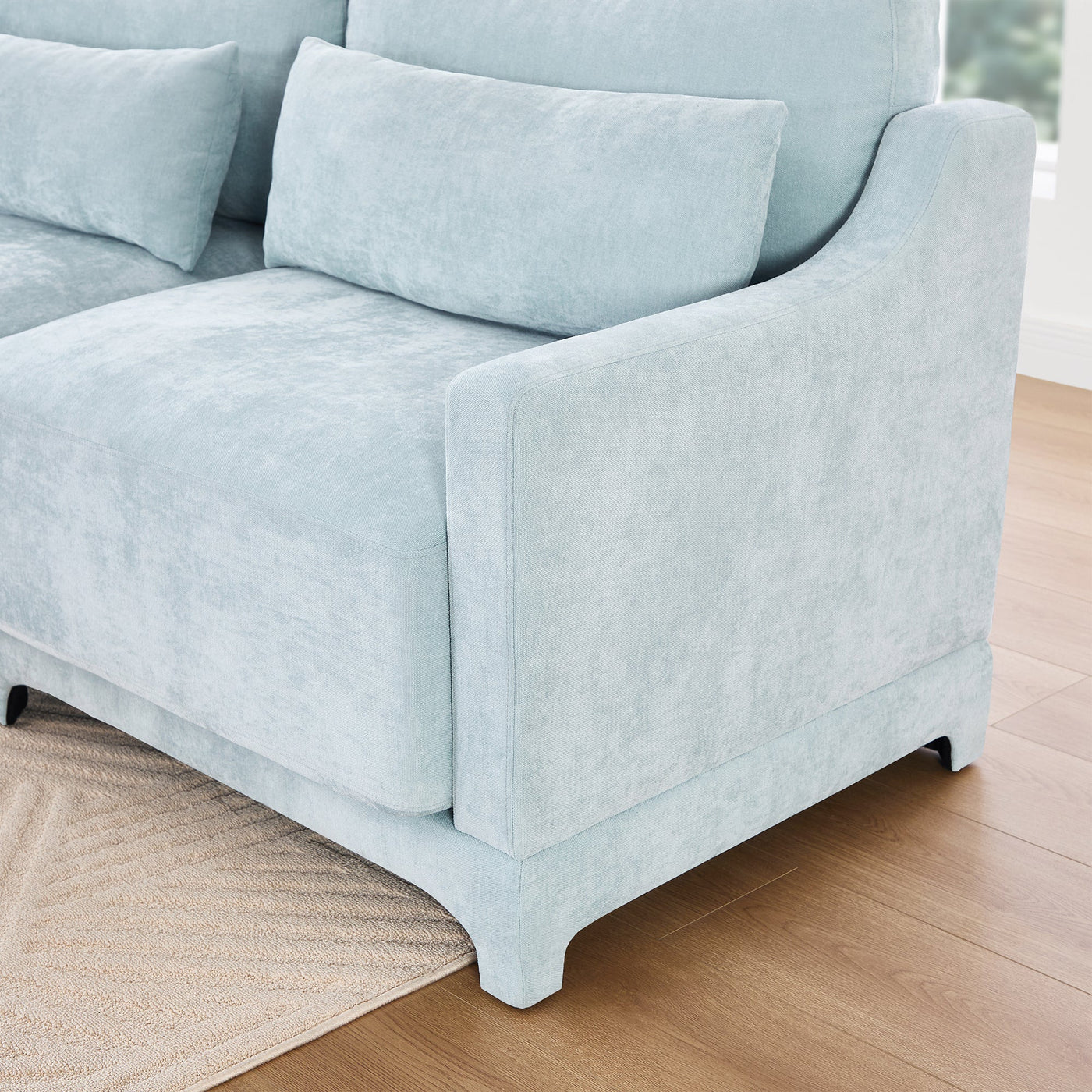 Elegant Two-Seater Sofa with Ottoman and Lumbar Pillows, Sky Blue Chenille, High-Quality Wood