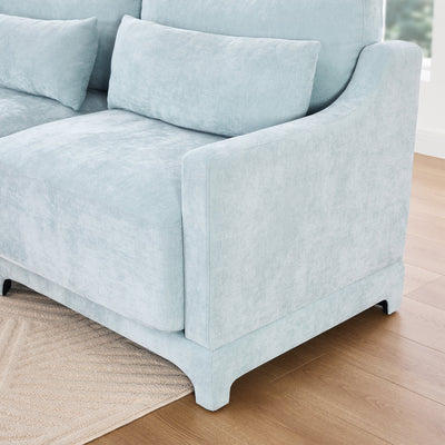 Elegant Two-Seater Sofa with Ottoman and Lumbar Pillows, Sky Blue Chenille, High-Quality Wood