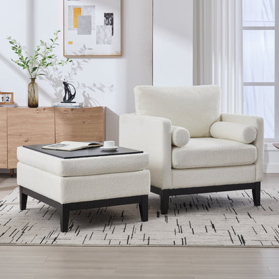 Farmhouse 35.4 in. Upholstered Accent Chair with Ottoman, Ivory Boucle and Black Wood Base, Reversible Lid Coffee Table for Living Room or Office