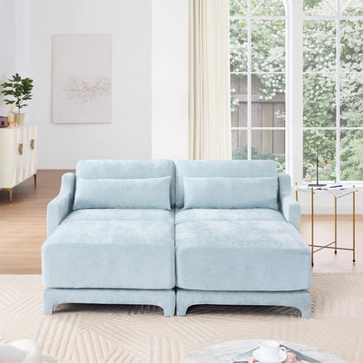 Elegant Two-Seater Sofa with Ottoman and Lumbar Pillows, Sky Blue Chenille, High-Quality Wood