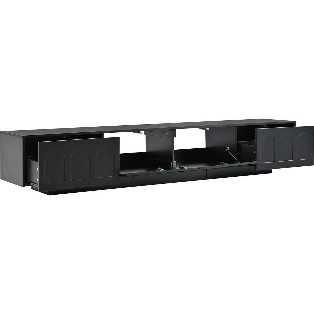 TV Stand with Fluted tempered Glass Doors for TVs Up to 95", Functional Media Console with Arched Cabinet Doors, Entertainment Center with APP-Controlled LED Light for Living Room, Black