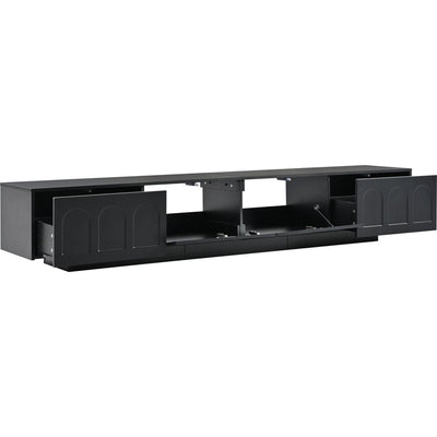 TV Stand with Fluted tempered Glass Doors for TVs Up to 95", Functional Media Console with Arched Cabinet Doors, Entertainment Center with APP-Controlled LED Light for Living Room, Black