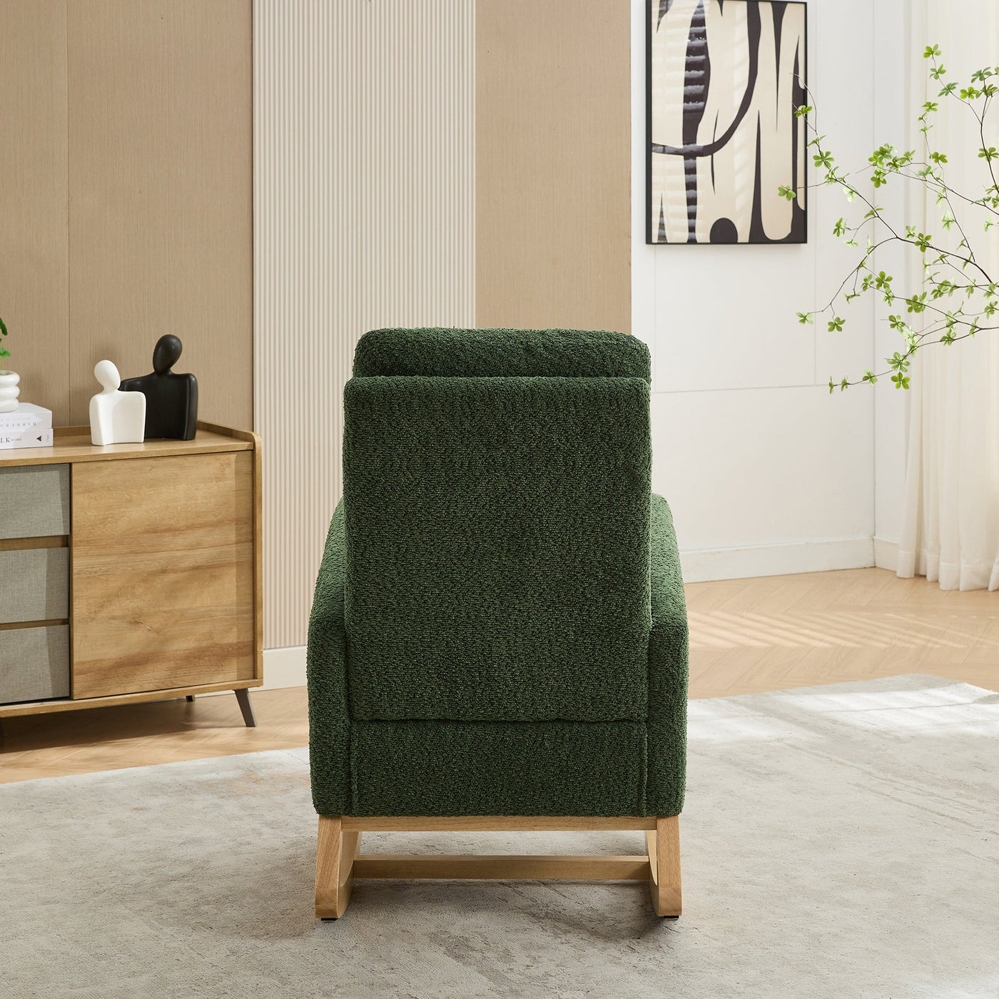 25.4'W Green Boucle High Back Glider Rocking Chair with Retractable Footrest and Rubber Wood Legs for Nursery and Living Room