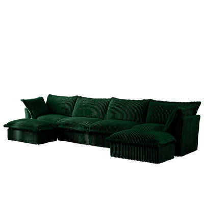Slipcovered U Shape Sectional Wide and Deep Seat Sofa Couch, 4 Seater Sofa with French Edges Design Multiple Big Pillows, Soft Deep Seat Comfy Cloud Couch for Living Room, Apartment, Green Corduroy