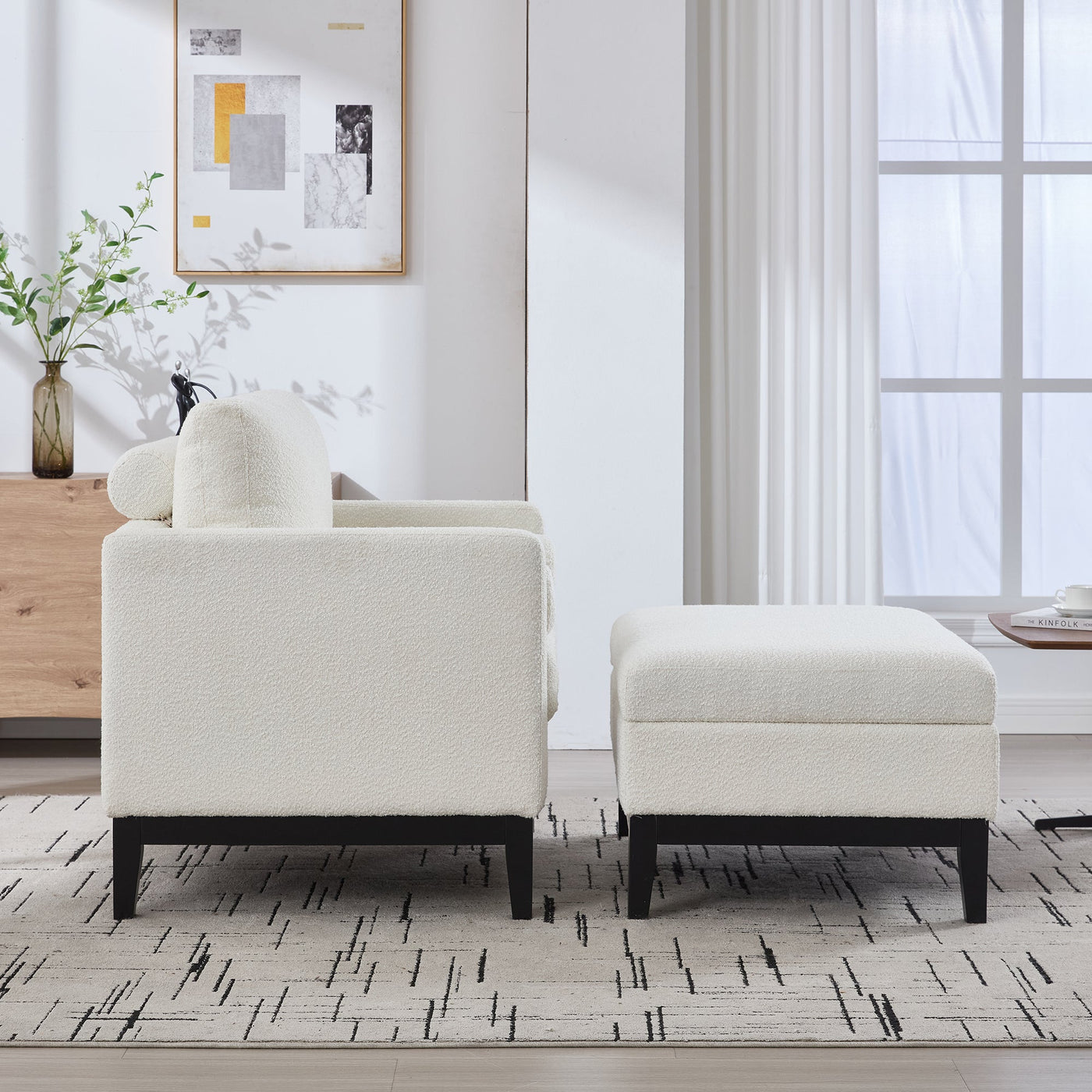 Farmhouse 35.4 in. Upholstered Accent Chair with Ottoman, Ivory Boucle and Black Wood Base, Reversible Lid Coffee Table for Living Room or Office