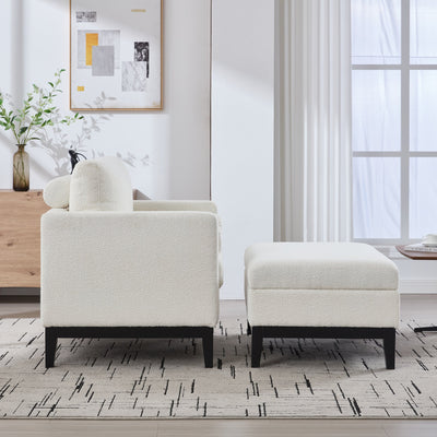 Farmhouse 35.4 in. Upholstered Accent Chair with Ottoman, Ivory Boucle and Black Wood Base, Reversible Lid Coffee Table for Living Room or Office