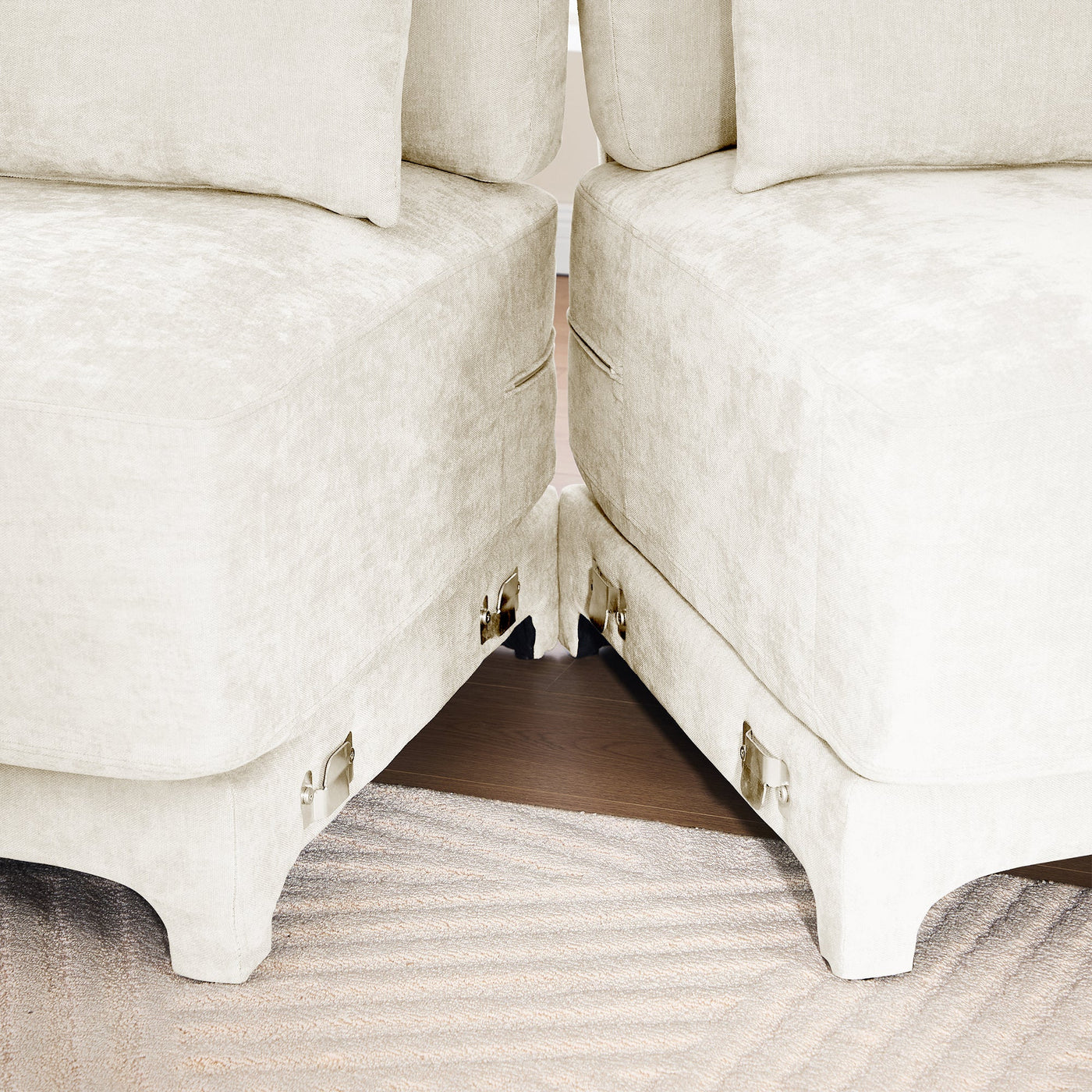 Elegant Chenille Three-Seater Sofa with Movable Ottomans, High-Resilience Sponge, Beige