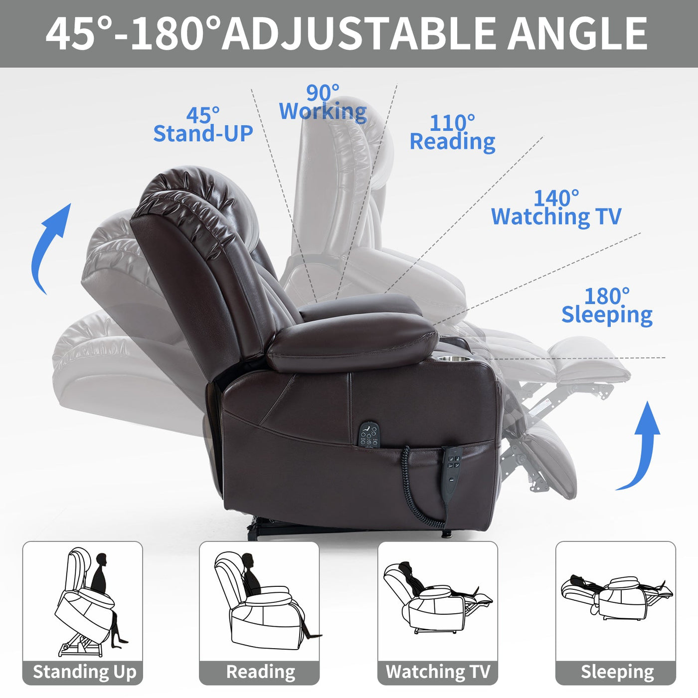 Dual Motor Infinite Position Up to 350 LBS Leatherair Power Lift Recliner Chair, Heavy Duty Motion Mechanism with 8-Point Vibration Massage and Lumbar Heating, Stainless steel Cup Holders, Brown