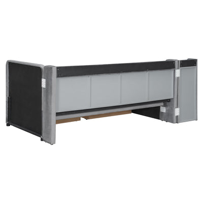 Twin Size Upholstered Daybed with Drawers, Shelves, Flip Cabinets & Side Table (Gray)