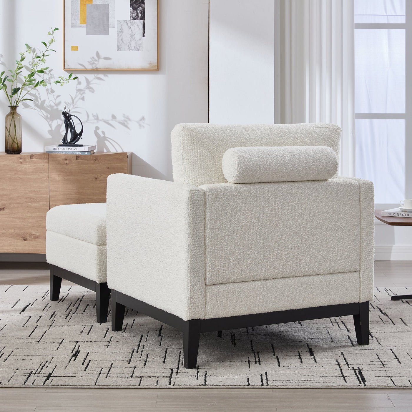 Farmhouse 35.4 in. Upholstered Accent Chair with Ottoman, Ivory Boucle and Black Wood Base, Reversible Lid Coffee Table for Living Room or Office