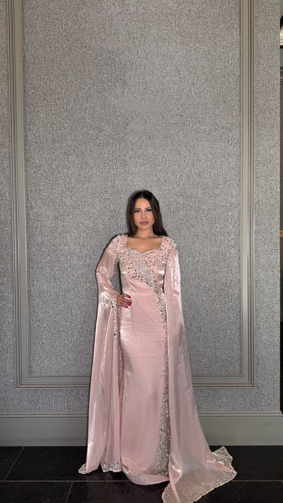 Munira Long Sleeve Organza Drape Sleeve Modest Dress
