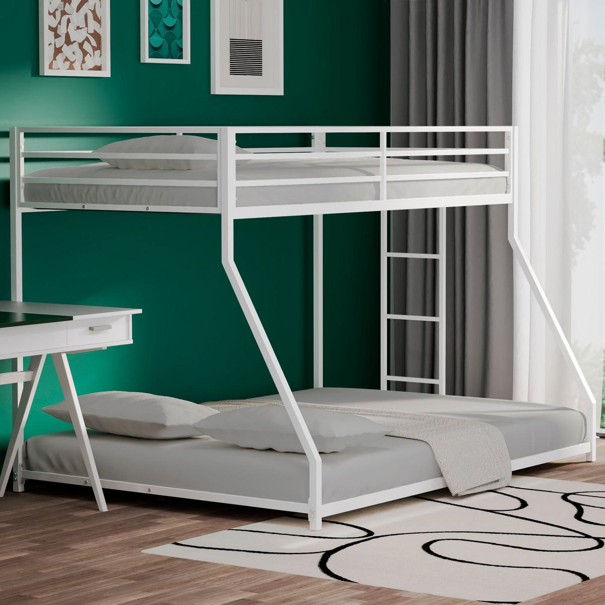 Adam Sturdy Twin Over Full Metal Bunk White for Kids and Adult, Low Profile and Easy Climbing with Stable Ladder