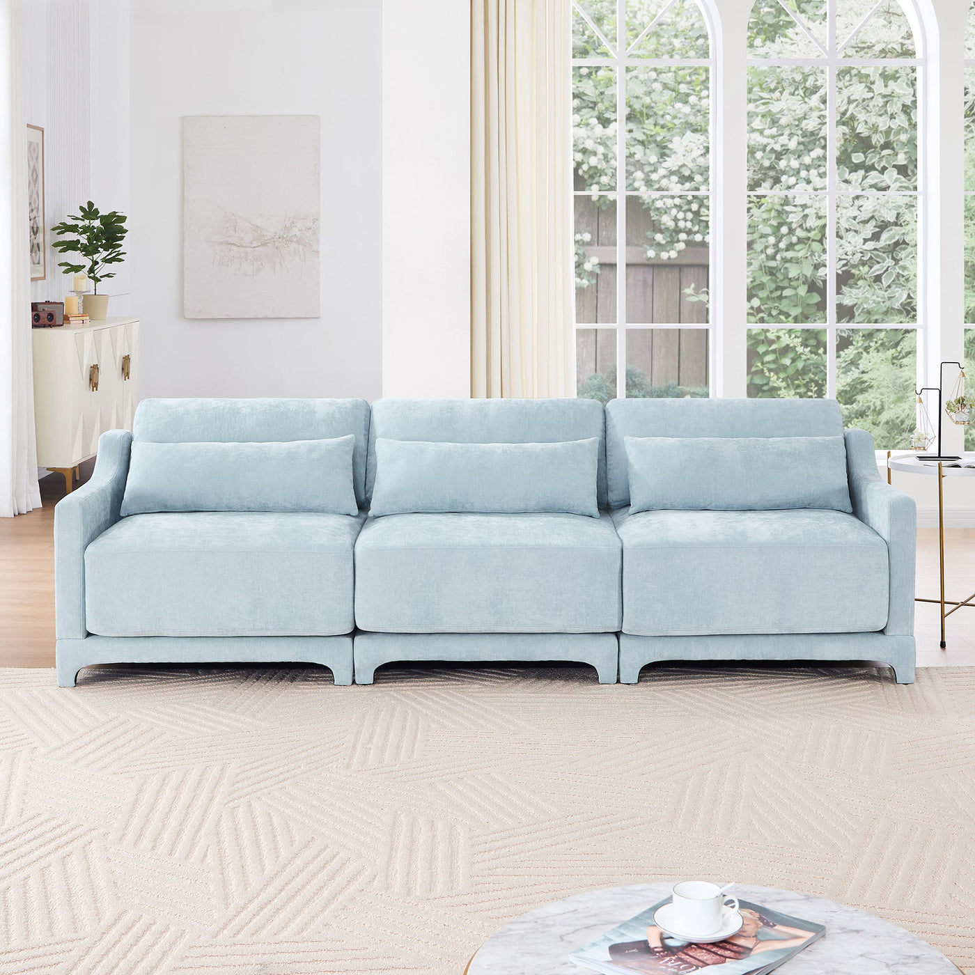 Elegant Sky Blue Three-Seater Sofa with Lumbar Pillow, Chenille Upholstery, Ergonomic Design, Wooden Base