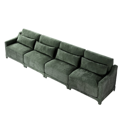 Ergonomic Green Chenille Four-Seater Sofa with Lumbar Pillow, Solid Wood Frame, High-Resilience Sponge