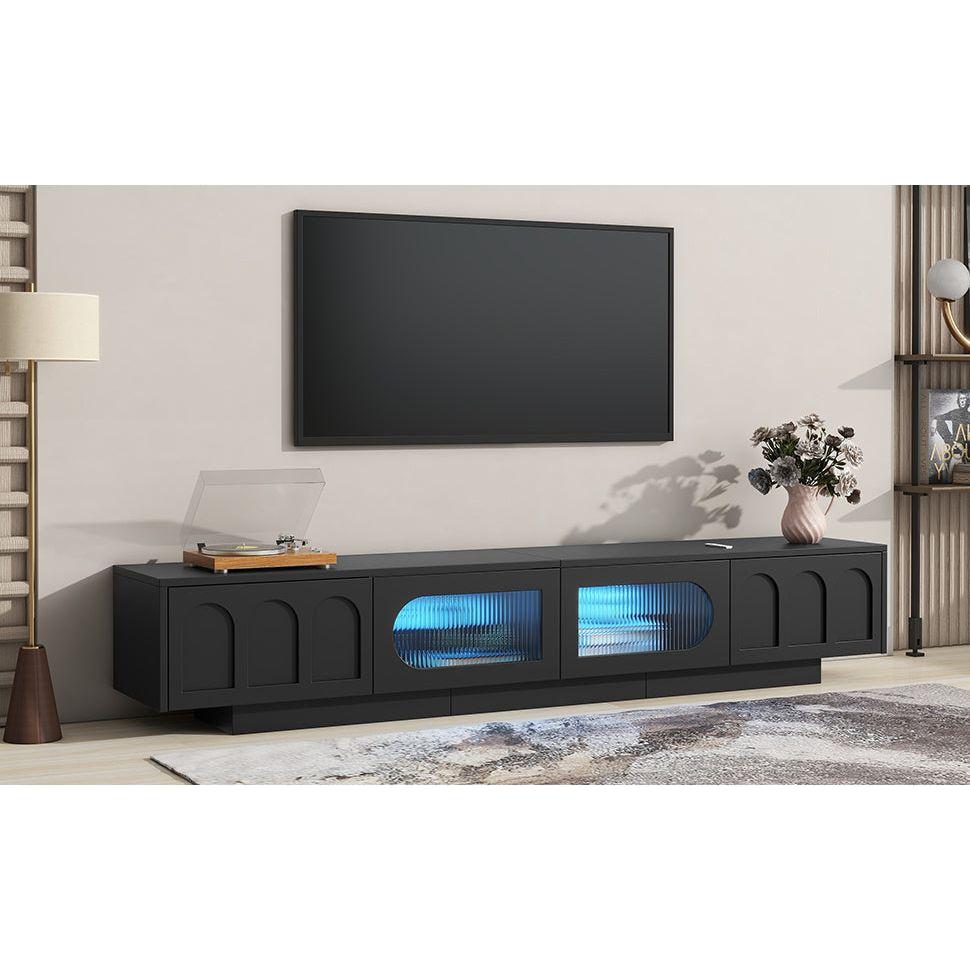 TV Stand with Fluted tempered Glass Doors for TVs Up to 95", Functional Media Console with Arched Cabinet Doors, Entertainment Center with APP-Controlled LED Light for Living Room, Black