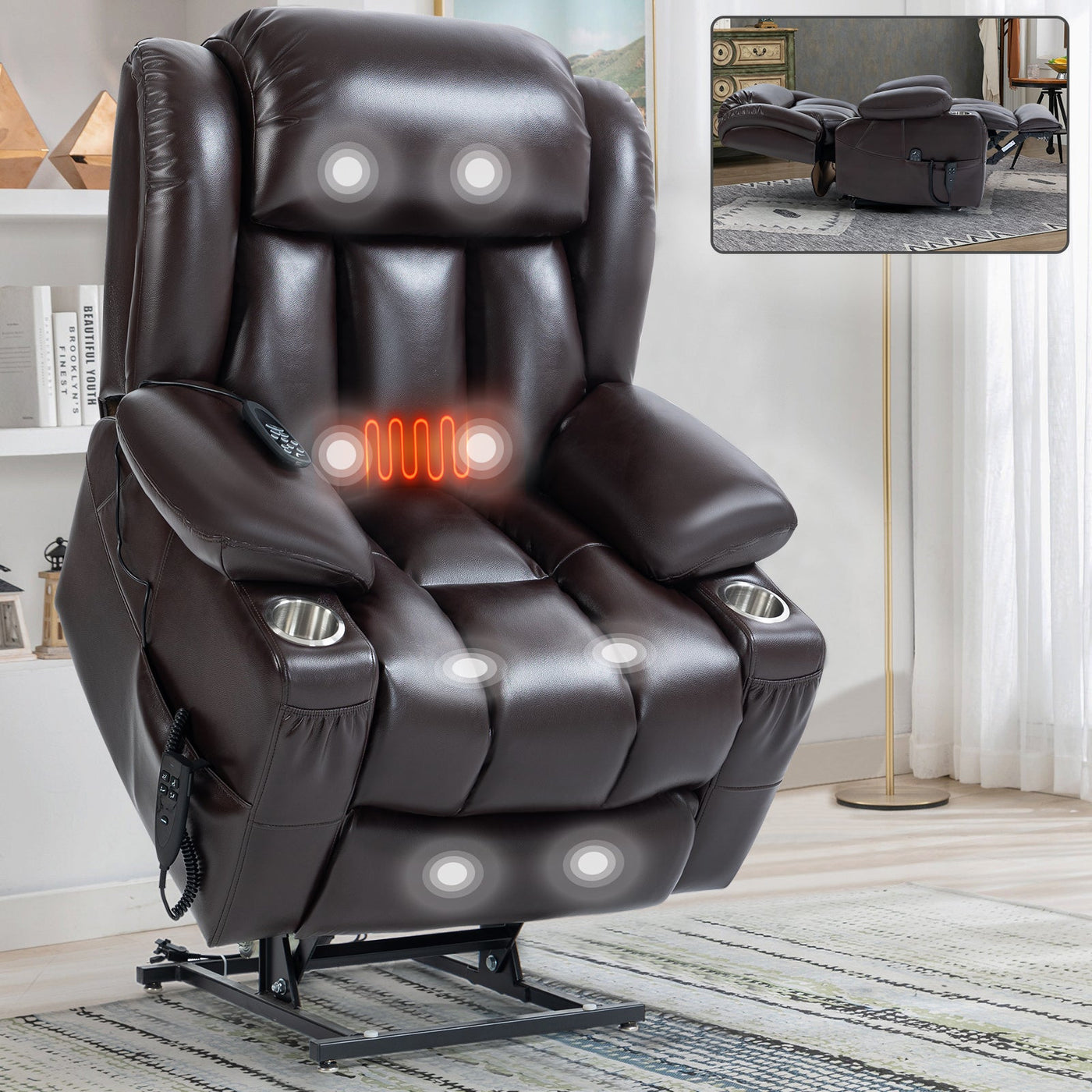 Dual Motor Infinite Position Up to 350 LBS Leatherair Power Lift Recliner Chair, Heavy Duty Motion Mechanism with 8-Point Vibration Massage and Lumbar Heating, Stainless steel Cup Holders, Brown