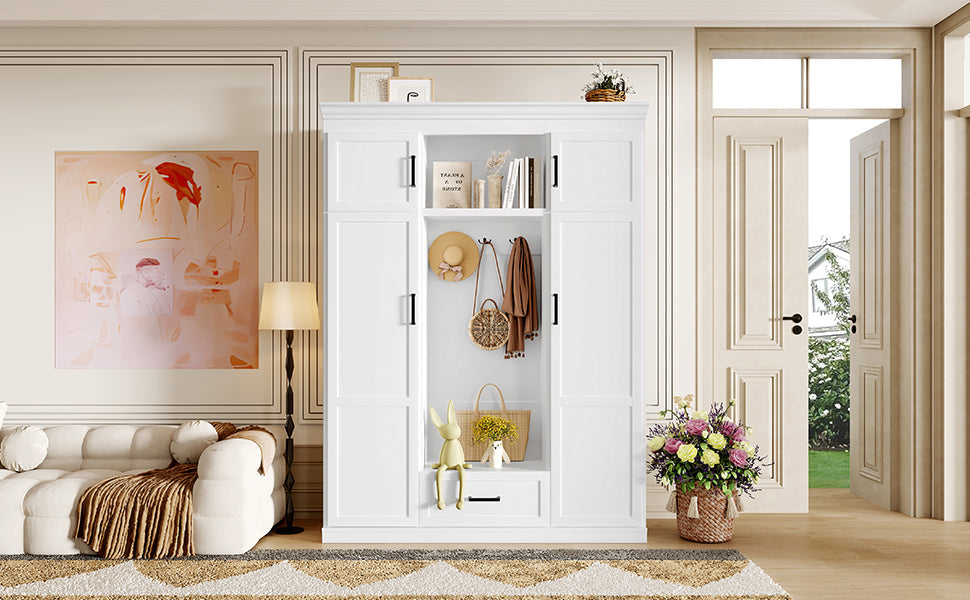 U-Can 85.2''H Hall Tree with Bench and 3 Hooks, Modern Entryway Storage Organizer Cabinet with 4 Doors, 1 Drawer and Adjustable Shelves for Hallway, Entryway, Living Room