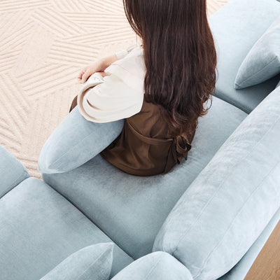 Elegant Sky Blue Three-Seater Sofa with Lumbar Pillow, Chenille Upholstery, Ergonomic Design, Wooden Base