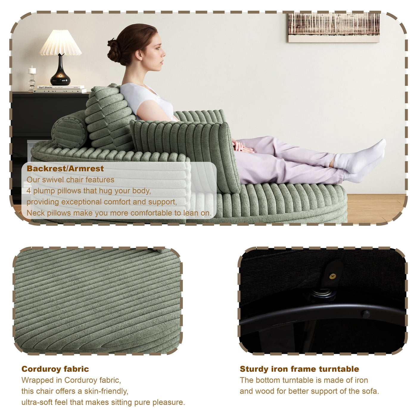 55''L Corduroy Chenille Foam Single Swivel Chair, Fluffy Modern Sleeper, 360 Degree Swivel Chair for Living Room, Bedroom, Lounge and Projection Room