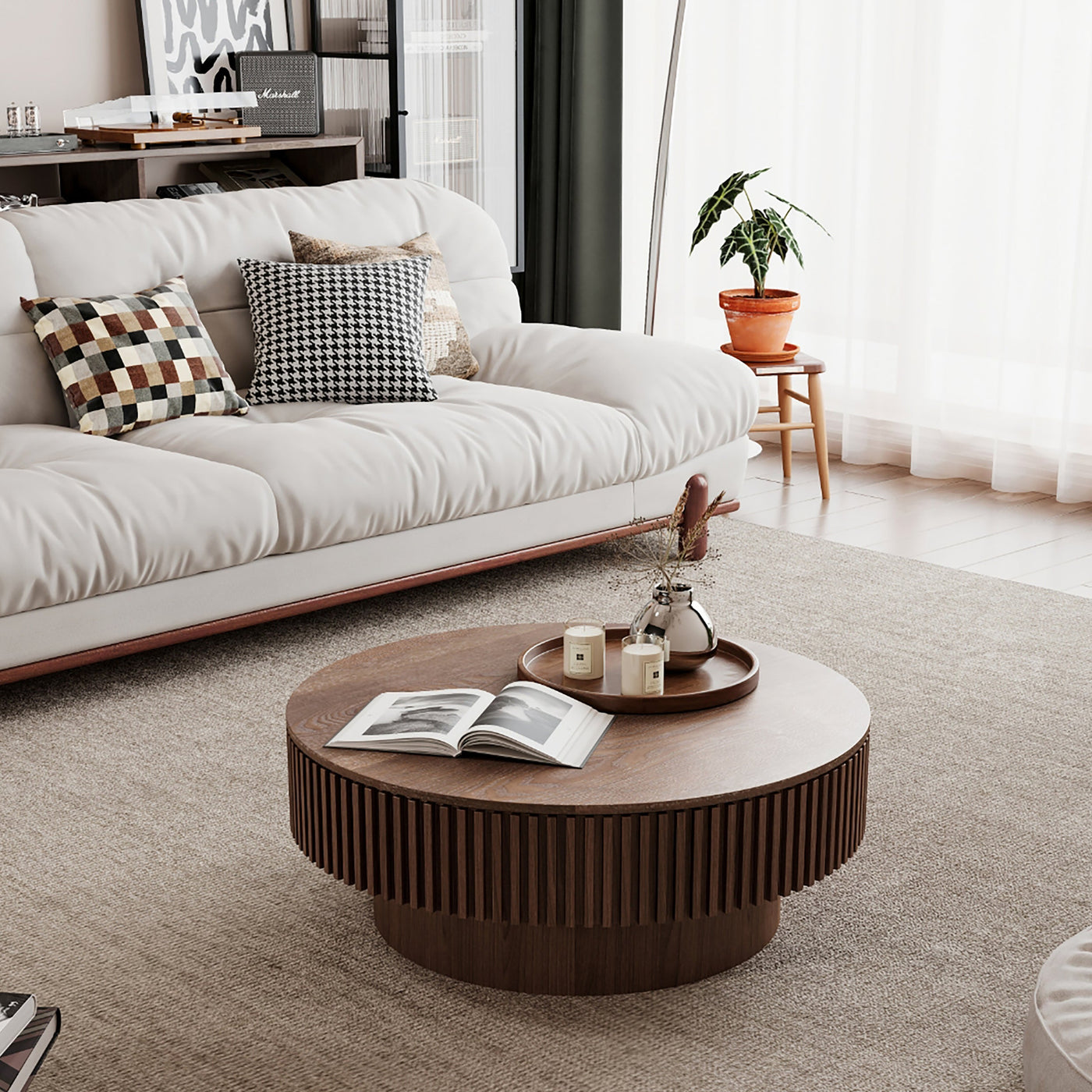 31.5'' Round Coffee Table with Storage Solid Wood Veneered Modern Coffee Table Accent Tea Table for Living Room, Bedroom, Apartment or Office, Walnut
