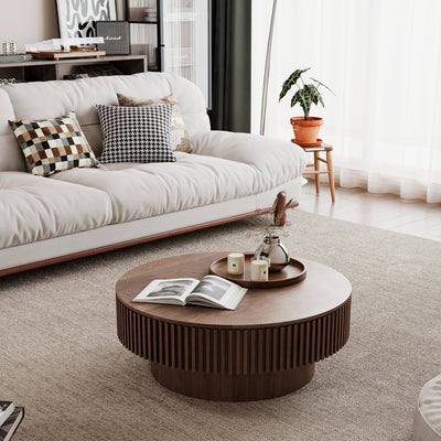 31.5'' Round Coffee Table with Storage Solid Wood Veneered Modern Coffee Table Accent Tea Table for Living Room, Bedroom, Apartment or Office, Walnut