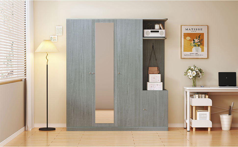 4-Door Wardrobe with Shelves, Drawers, and Full-Length Mirror, Gray