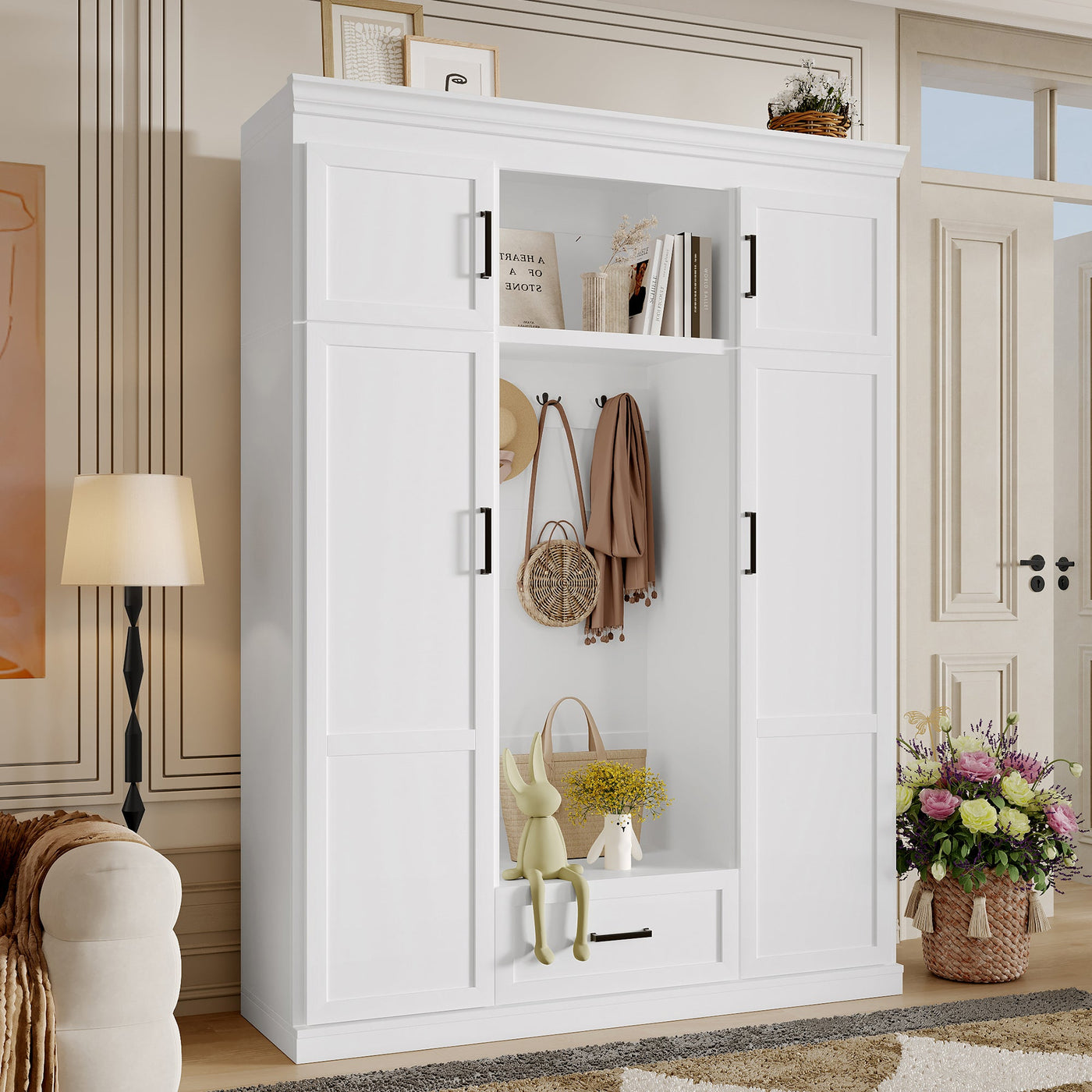 U-Can 85.2''H Hall Tree with Bench and 3 Hooks, Modern Entryway Storage Organizer Cabinet with 4 Doors, 1 Drawer and Adjustable Shelves for Hallway, Entryway, Living Room
