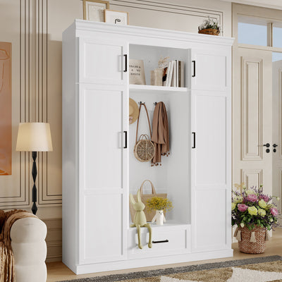 U-Can 85.2''H Hall Tree with Bench and 3 Hooks, Modern Entryway Storage Organizer Cabinet with 4 Doors, 1 Drawer and Adjustable Shelves for Hallway, Entryway, Living Room