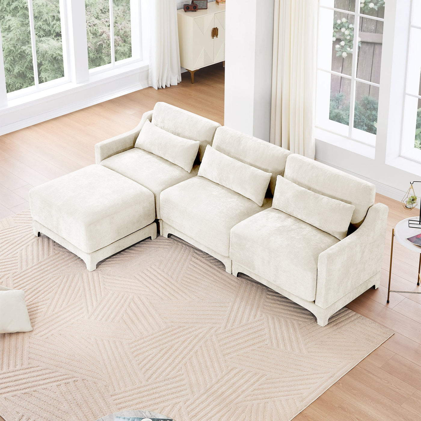 Elegant Chenille Three-Seater Sofa with Movable Ottomans, High-Resilience Sponge, Beige