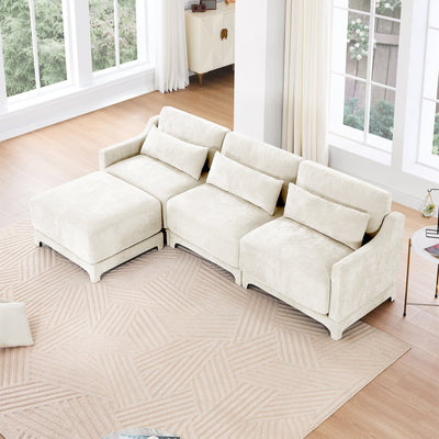Elegant Chenille Three-Seater Sofa with Movable Ottomans, High-Resilience Sponge, Beige