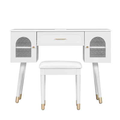 Elegant Vanity Makeup Table & Chair Set, Modern Dressing Table with Organizer, Writing Desk, Charging Port, White, Engineered Wood