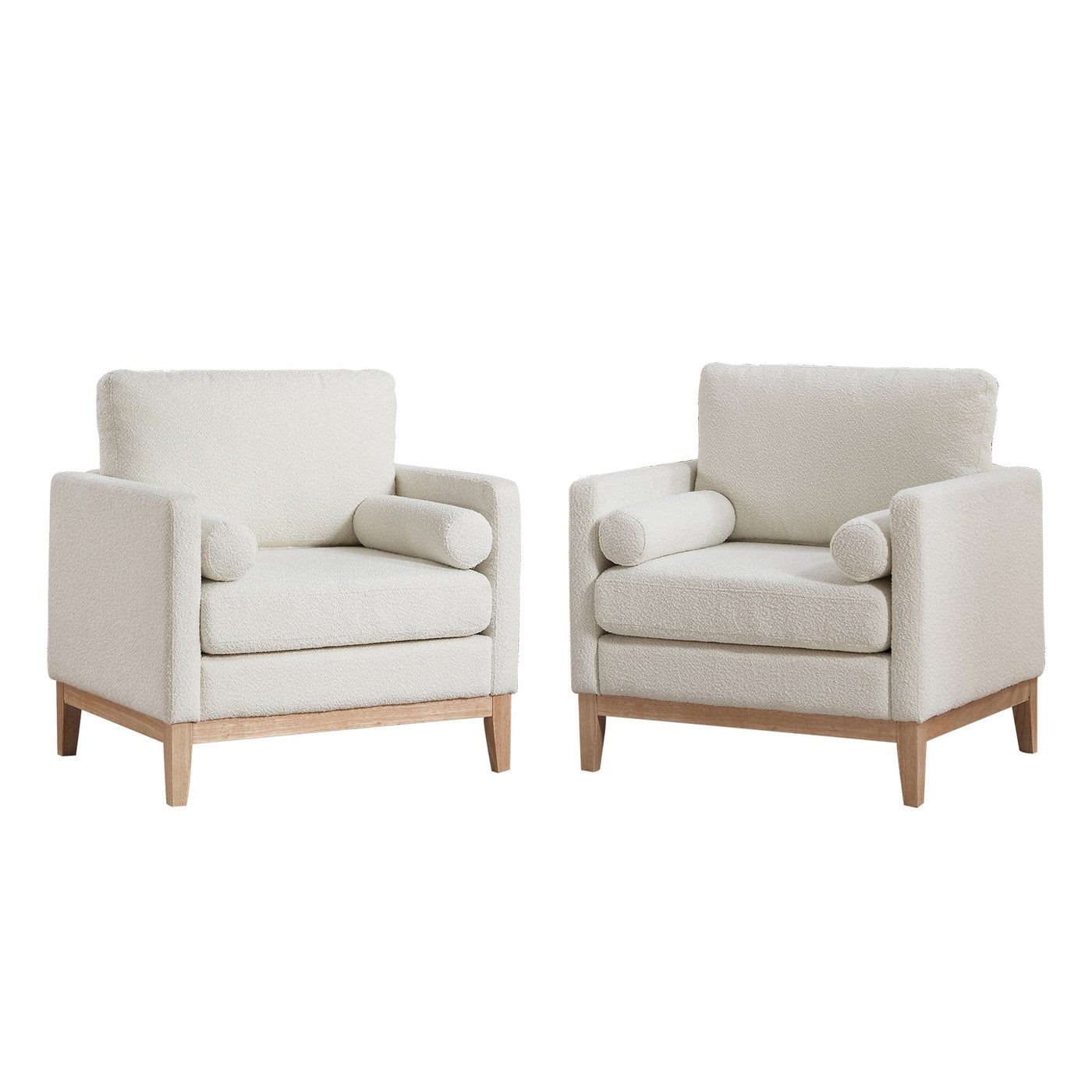 35.4' Wide Modern Farmhouse Performance Accent Chair with Natural Wood Legs, Wood Base Reading Armchair Single Sofa with Two Bolster Pillows for Living Room Offices and Lounge, Ivory Boucle.