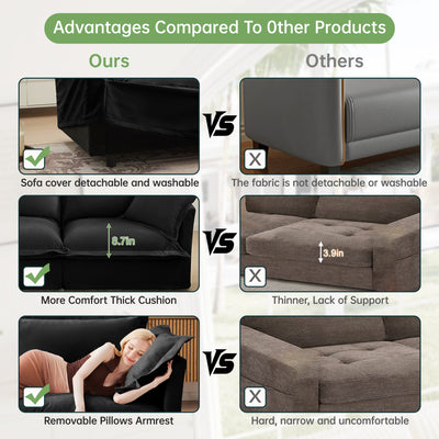 Slipcovered Sectional 2 Seater Sofa Couch with Convertible Ottoman, Wide and Deep Seat L Shaped Sofa with Detachable Cover and Soft Multiple Big Pillows, Chenille Fabric,Black
