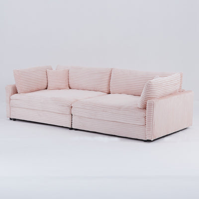 Elegant Pink Corduroy Sofa with Throw Pillows and Backrests for Living Room Leisure