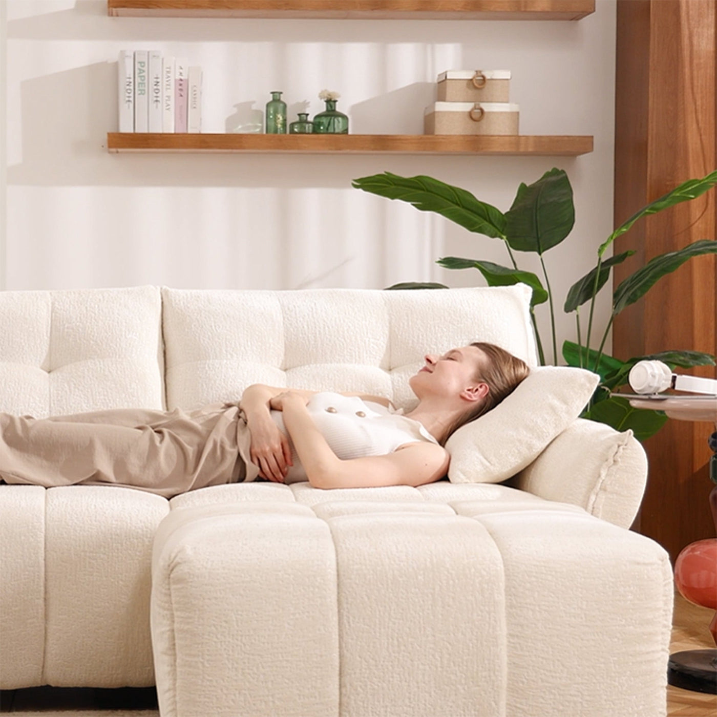 Elegant Textured Chenille 3 Seater Sofa Set with Ottoman and Throw Pillows in Sturdy Solid Wood Frame, White