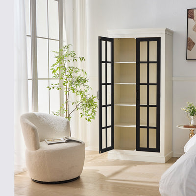 Rustic Style Display Cabinet with Glass Doors for Collectibles - White & Black, 71.2'' Tall