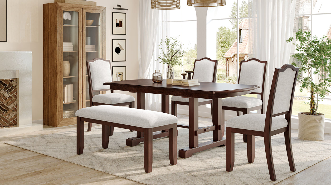 6-Piece Extendable Dining Table Set, 60–78 in. Wood Table with Removable Leaf, 4 Upholstered Chairs and Bench, Cherry Finish