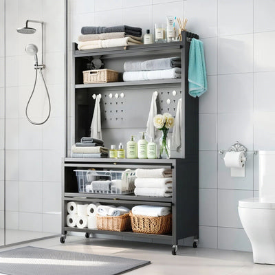 64' Kitchen Pantry Storage Cabinet, 5 Tier Metal Storage Cabinet with Wheels, Transparent Flap Door &  DIY Hole Board , Kitchen Storage Bakers Rack, for Kitchen, Living Room and Dining Room, Gray