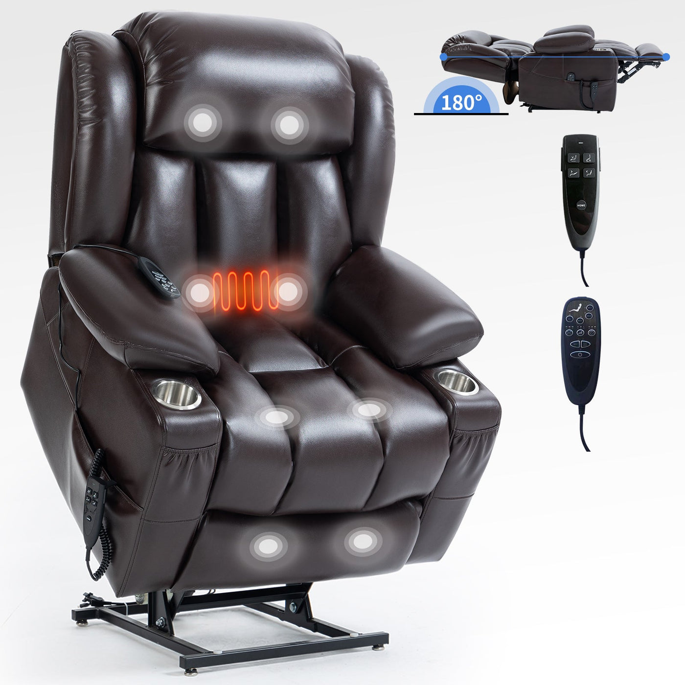 Dual Motor Infinite Position Up to 350 LBS Leatherair Power Lift Recliner Chair, Heavy Duty Motion Mechanism with 8-Point Vibration Massage and Lumbar Heating, Stainless steel Cup Holders, Brown