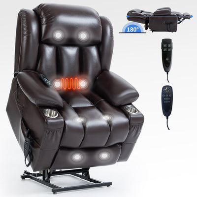 Dual Motor Infinite Position Up to 350 LBS Leatherair Power Lift Recliner Chair, Heavy Duty Motion Mechanism with 8-Point Vibration Massage and Lumbar Heating, Stainless steel Cup Holders, Brown